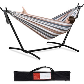 PNAEUT Double Hammocks with Stand for Outside, Portable Space Saving Heavy-Duty Steel Stand for Indoor Outdoor Patio with Carrying Bag, 450 lbs Capacity (Coffee)