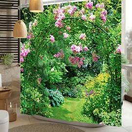 Xiaoterna Spring Shower Curtain Spring Fairy tale Enchanted Forest Green Bathroom Curtain Colorful Summer Pink Flower Garden Shower Curtain Machine Washable Waterproof Fabric 240x180cm