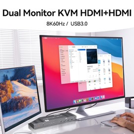 8K Dual HDMI KVM Switch 2 Monitors 2 Computers 8K@60Hz/4K@144Hz,Support 2 Computer Dual Monitors and 4 USB 3.0 Devices,Share Keyboard Mouse Printer with IR Controller