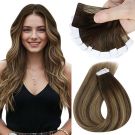 Sunny Hair Tape in Hair Extensions Human Hair Invisible Tape in Hair Extensions 10Pcs Tape in Extensions Real Human Hair Straight Hair Extensions for Women 16 inch Medium Brown with Caramel Blonde