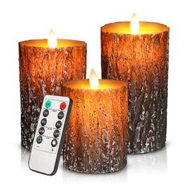 JOSU LED Flameless Candles Pine Bark Effect, Battery Operated Candles with Remote Control, LED Fake Candles, 4" 5" 6" Pack of 3, for Wedding Decor, Table Decor, Home Decoration Gifts (Pine Bark)