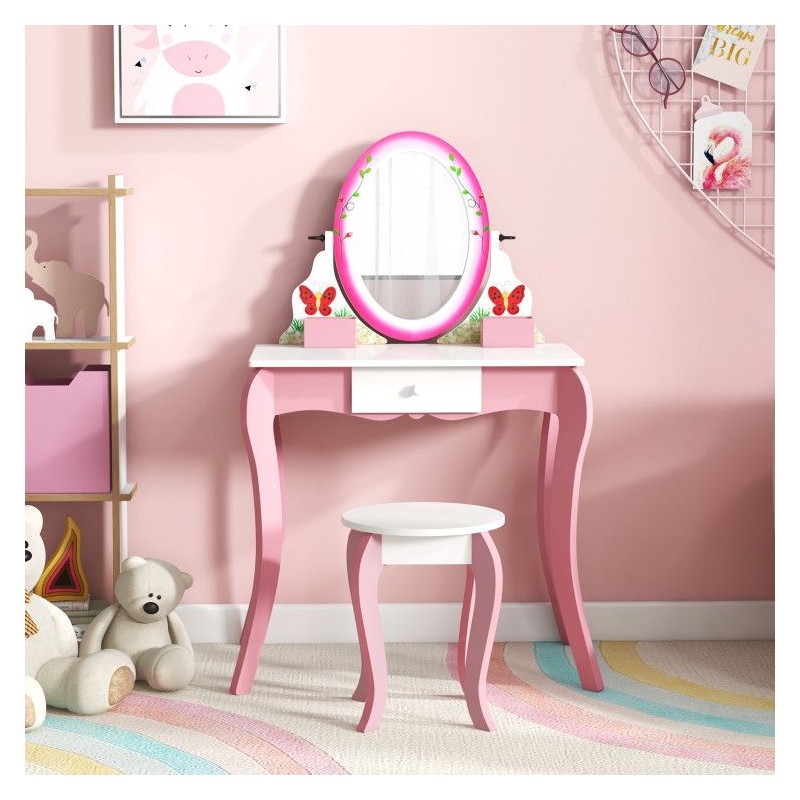 Kids Vanity Table Set With 360 Degree Rotating Mirror And