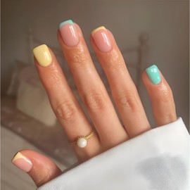 24PCS Blue Yellow French Tip Press on Nails, Short Square False Nails for Women, Stylish French Design for Everyday Glam Colorful Minimalist Modern Pastel Press on (Green Yellow)