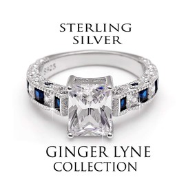 Ginger Lyne Collection Katharina Engagement Ring for Women | Sterling Silver 2.5 Ct Emerald Cut with Blue Accent Cubic Zirconia Wedding Ring for Her | Promise or Bridal Jewelry for Wife or Girlfriend