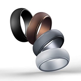 Cabepow Silicone Wedding Ring for Men, 4 Packs & Singles Silicone Rubber Wedding Bands - Step Edge Sleek Design - Metallic, Black and Camo Colors