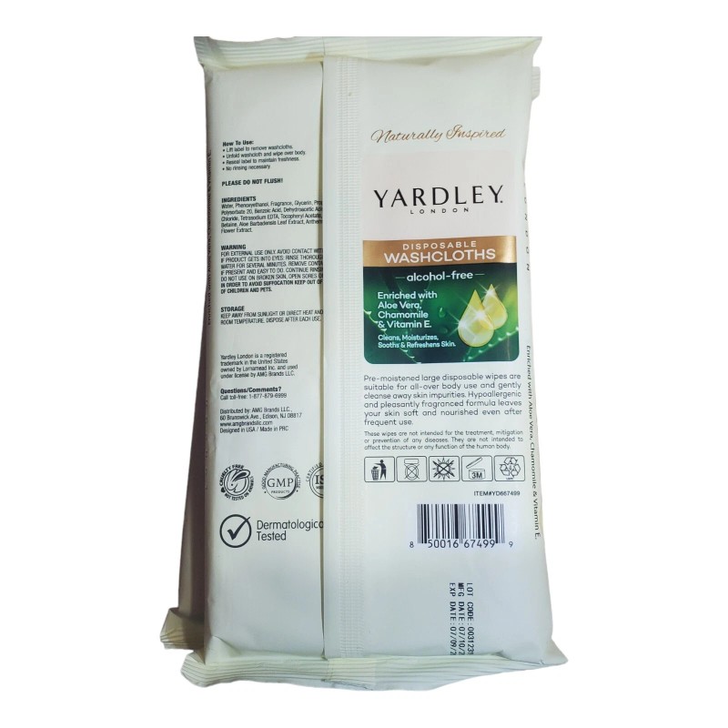 Yardley London Disposable Washcloths (4) 18ct Large Wipes Aloe Chamomile