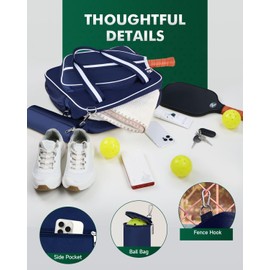 Movker Pickleball Tote Bag for Women Men with Paddle Cover Pocket External Ball Bag and Adjustable Shoulder Strap Fence Hook (Navy)