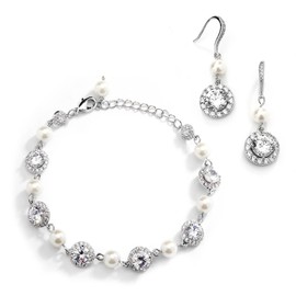 Mariell Ivory Pearl & Round CZ Bridal Bracelet & Earrings Set - Wedding Jewelry Sets for Bridesmaids