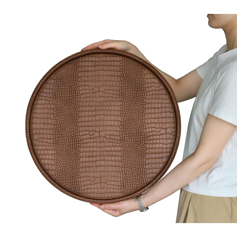 HofferRuffer Round Serving Tray 20'', Elegant Faux Leather Circle Ottoman