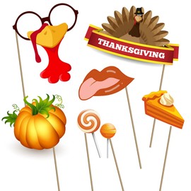 33pcs Thanksgiving Photo Booth Props Funny Turkey Day Fall Photo Props Kits DIY Selfie Festival Autumn Pumpkin Props with Stick for Happy Thanksgiving Party Favors