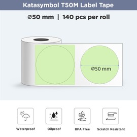 SUPVAN T50M Series Label Maker Tape, Round Size Φ 2'' 140 Labels/Roll Genuine Laminated Thermal Label Tape Refill, Waterproof Oilproof Highly Adhesive Auto Detect Labels, Black on Green