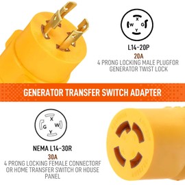 NEMA L14-20P to L14-30R, 4 Prong Locking Plug, 20Amp to 30Amp Generator Adapter,Weatherproof, 250V, Max 5000W