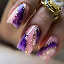 Press on Nails Medium Square, Gradient Purple Glue on Nails, 24Pcs Gold Foil Marble Designs Fake Nails Acrylic False Nails Kits for Women Manicure Decorations