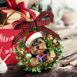 Talataca Yorkshire Terrier Wearing A Hat Wreath Yorkie Dog Lover 2D Flat Christmas Tree Wood Ornament Decor Wooden Hanging Decoration House Present Xmas Eve Keepsake Decorative