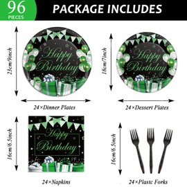 96 Pcs Green Silver Black Birthday Party Tableware Set Confetti Sprinkles Party Decorations Green Birthday Plates Table Decors for Men Women Plates Napkins Forks for 24 Guests