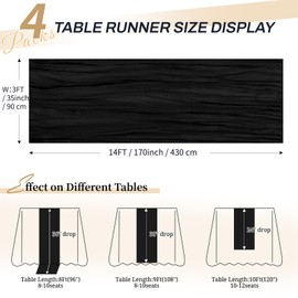 4 Pack Black Cheesecloth Table Runner 14FT Gauze Table Runner with Natural Wrinkle 35*170 inch Rustic Table Decoration, Romatic Wedding Table Runner Boho for Reception Party Banquet Baby Shower