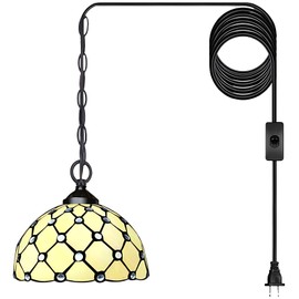 HEAQLRC Tiffany Style 8" Hanging Lamp with 19.7Ft Plug-in Cord, 3-Color LED Dimmable, Vintage Stained Glass Hanging Lights for Dining Room, Kitchen Island, Bedroom, Porch,Yellow