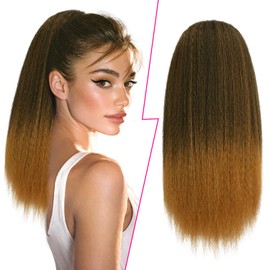 PEACOCO Drawstring Ponytail for Black Women Long Yaki Straight Ponytail Hair Extension 16 Inch Thick Pony Tail Clip in Synthetic Ponytail Hairpiece 1BT27