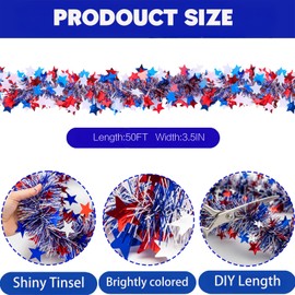 4th of July Garland Decorations 50Ft Glitter Tinsel Patriotic Garland for Home Party Holiday Memorial Day Independence Day 4th of July Golf Cart Parade Float Bike Decorations