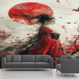 MazoAzuria Japanese Geisha Mural, Kyoto Geisha Wallpaper for Bedroom, Sunset Landscape Wall Mural for Living Room Dining Room Home Decor