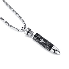 MONIYA Stainless Steel Bullet Pendant Urn Ashes Necklace Cross Lords Prayer in English, 22inch Box Chain (Silver-Black)