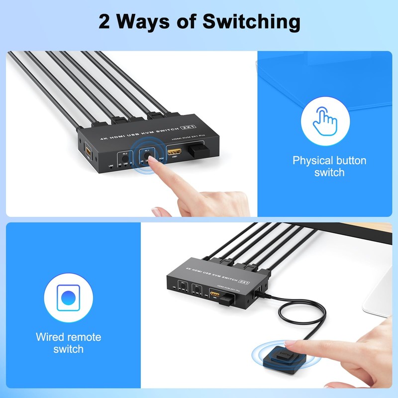 4K HDMI KVM Switch 1 Monitor 2 Computers 4K@60Hz, USB