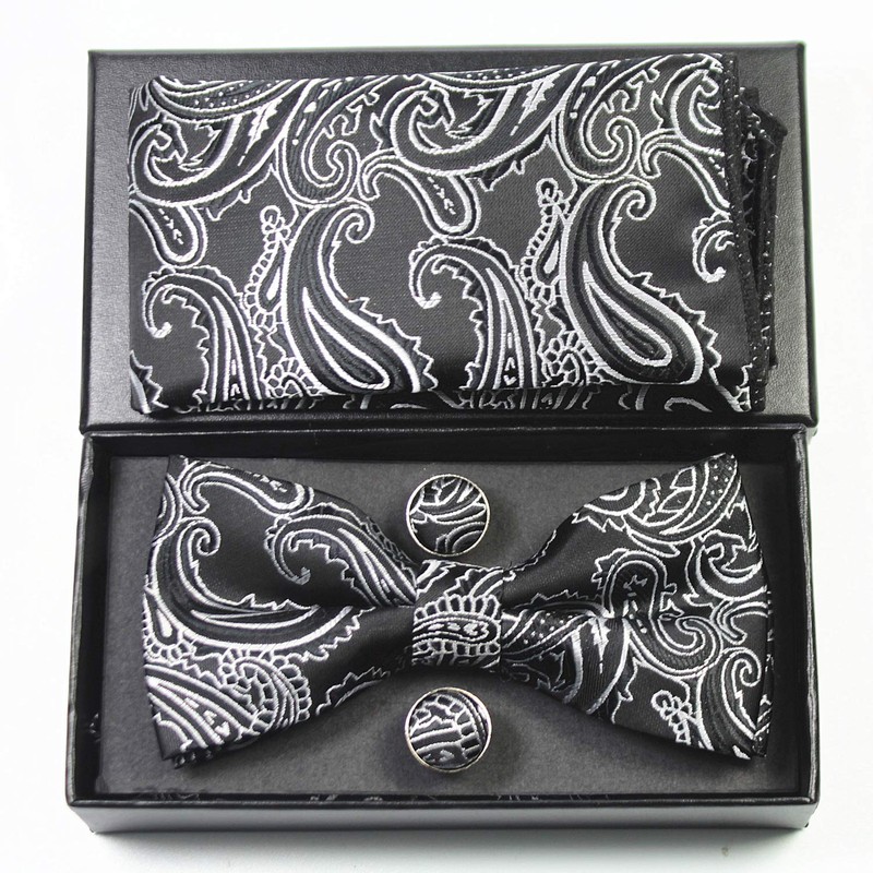 Jemygins Paisley Bow Tie, Men’s Pocket Handkerchief and Cufflinks Set