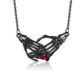 URONE Black Skull Necklace 925 Sterling Silver Skeleton Hand Pendant Necklace Gothic Jewellery Gifts for Women