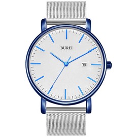 BUREI Men's Wristwatch, Simple, Stylish, Brand, Popular, Ultra-thin, Lightweight, Analog Watch, Business, Waterproof, Quartz, Men's Watch, blue-white, Bracelet Type