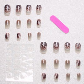 Rose Flower Press on Nails Short Square Fake Nails with Floral Gradient Designs 24 Pcs Natural Reusable Acrylic Nail Full Cover Stick on Nail for Women WYFHDT