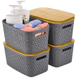 ZFTMRR Plastic Storage Bins with Bamboo Lids, Stackable Small Box Baskets for Organizing and Containers for Shelves Drawers Desktop Closet Pantry Classroom Office Home, 4 Pack 12x7.3x6.2 Inch, Gray