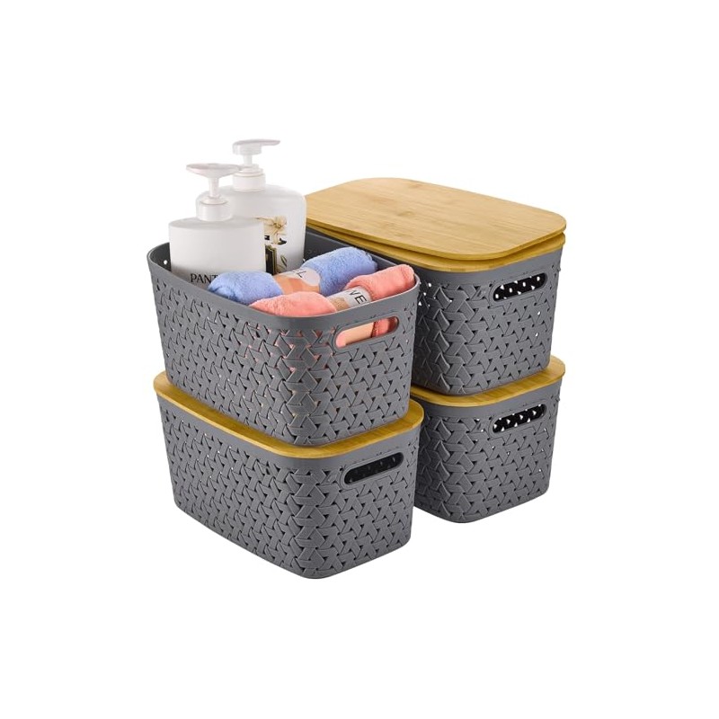 ZFTMRR Plastic Storage Bins with Bamboo Lids, Stackable Small Box