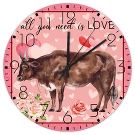 10 Inch Silent Non-Ticking Wall Clocks Battery Operated All You Need Is Love Valentines Home Decor for School Gift Idea for Cow Lovers Modern Round Wooden Wall Clock Rustic for Porch Fitness Room