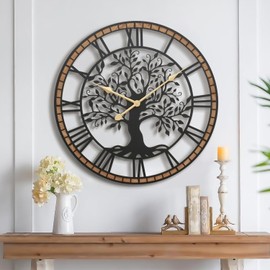 Micasso Silent Large Wall Clock: 24Inch Tree of Life Metal Black with Solid Wood Frame - Non-Ticking Battery Operated Clock for Living Room/Kitchen/Bedroom Home Decor