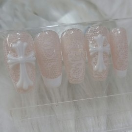 White Lace Handmade Nail Tips - Stiletto / 화이트 레이스 수제네일팁 - 스틸레토