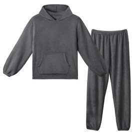 LACOFIA Women Men Hooded Fleece Pyjamas Sets Adult Pjs Long Sleeve Warm Loungewear Nightwear Winter Couples Pajamas with Pocket Dark Grey 2XL