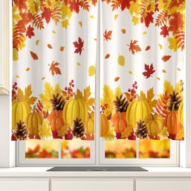 JarThenaAMCS 2Pcs Fall Kitchen Curtain Panels Pumpkin Maple Leaves Rod Pocket Drapes Autumn Thanksgiving Window Treatments for Home Living Room Bedroom, 30 x 36 Inch