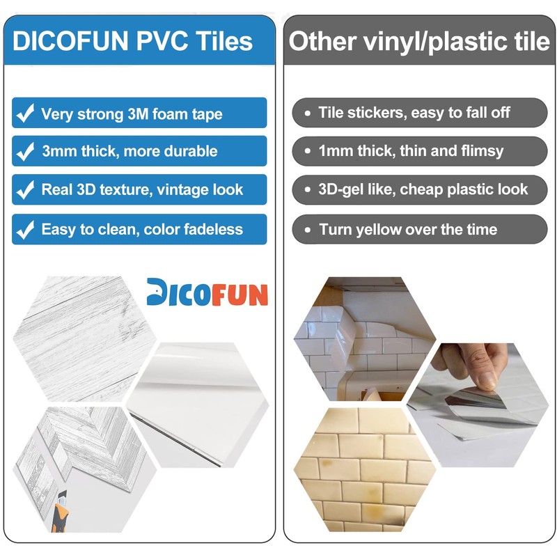 DICOFUN 10-Sheet Herringbone Peel and Stick Backsplash, Vintage White Wood