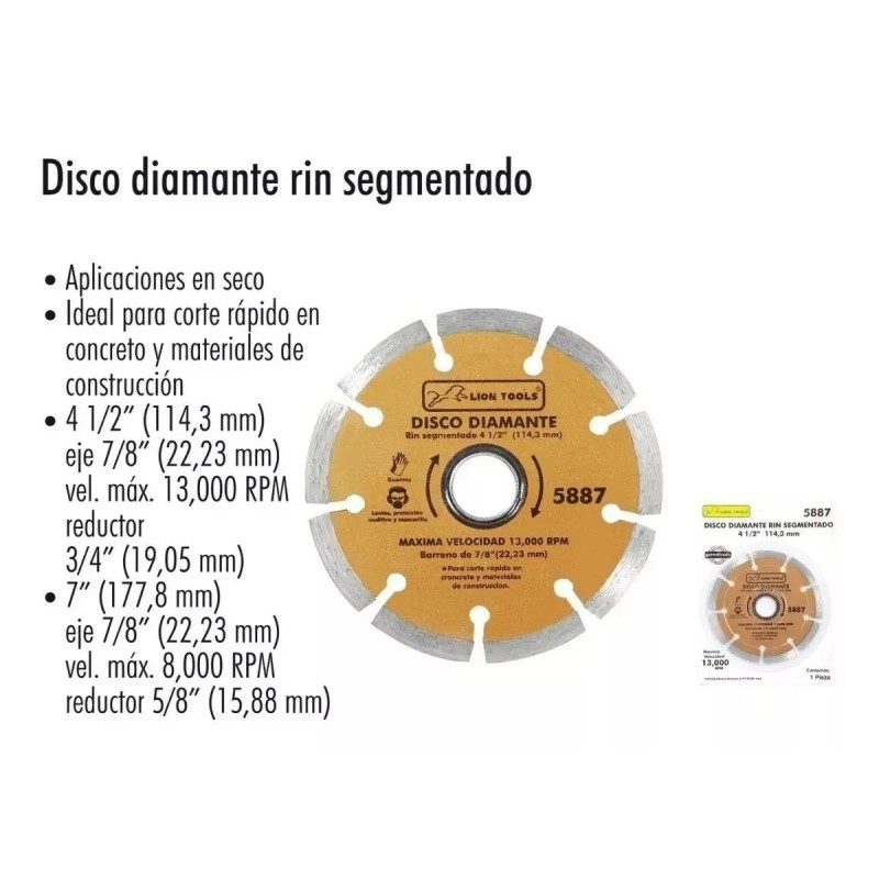 Lion Tools Disco Diamante 4 1/2 Rin Segmentado Lion Tools