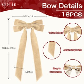 Senjie 16Pcs Velvet Ribbon Bows for Christmas Tree, Vintage Rustic Small Craft Bows Ornaments for Garland Wreath Gift Wrapping Candy Bags Party DIY Decorations (Khaki, 5" x 10", Width of 1")