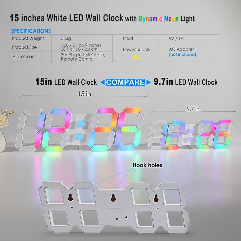 KOSUMOSU LED Wall Clock 15" RGB Digital LED Clock for