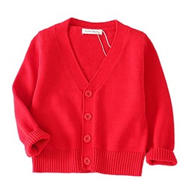 PTPUKE Unisex Boy' Girls' Cardigans Sweater V-Neck Long Sleeve Button Soild Cotton Knit Sweaters for 1-8 Years Red