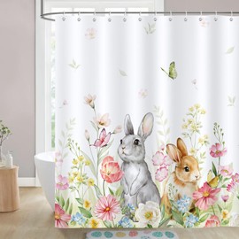 Bonhause Spring Easter Bunny Shower Curtain, Cute Rabbits Floral Plant Bathroom Decor 72 x 72 Inch Polyester Fabric Waterproof Bath Curtain with 12 Hooks