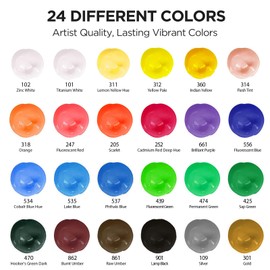 HUAL Acrylic Paint Set With 5 Brushes, 24 Colors (60ml, 2oz) Rich Pigmented Acrylic Paints for Artists Kids Beginners & Painters, Canvas/Fabric/Rock/Glass/Stone/Ceramic/Model/Wood Painting, Non Toxic