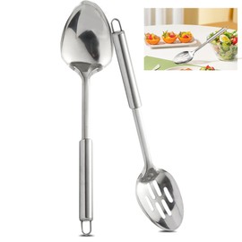 Fililogor Cooking Spoons 2pcs Kitchen Cooking Utensils Set, Stainless Steel Serving Spoons with Hanging Hole for Mixing, Serving, Draining, Stirring (Silver)