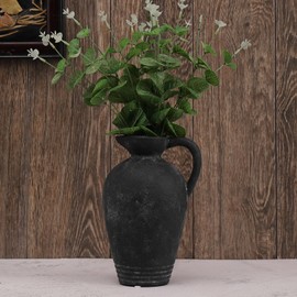 ROLLSCERAY Rustic Ceramic Vase, Farmhouse Vase with 2 Handles, Black Terracotta Vase, Pottery Vase, Boho Vase, Decorative Flower Vase for Home Decor, Table, Living Room, Shelf Decor, 9.3 Inch