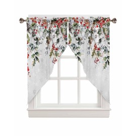 Christmas Red Berries Swag Valance Curtains for Kitchen 28"W x 36"L Green Holly Leaves Short Swag Topper for Small Windows Winter Snowflake Rod Pocket Curtains for Bedroom Bathroom Living Room