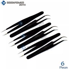 ODONTOMED2011 ODM 6-Pcs Black Anti Static Tweezers For Make Up Eyelashes Extensions, Str + Cvd