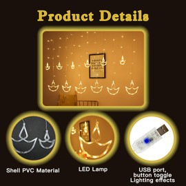 Diwali Decorations Items, Diwali Lights, 12 Warm White Diya Curtain Decoration Lights, Happy Diwali Decorations for Indoor Outdoor, Diyas for Decor (Diwali String Lights 1)
