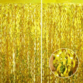 2Pcs Gold Wave Fringe Curtain HADEEONG 3.28ft x 6.56ft Tinsel Backdrop Foil Fringe Curtain Metallic Tinsel Curtain Party Streamers for Disco Birthday Bridal Shower Baby Shower Party Decorations